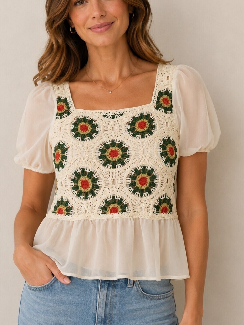 Crochet Granny Circle Panel Chiffon Puff Sleeve Peplum Festival Crop Top